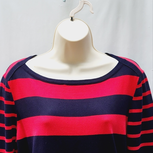 Tommy Hilfiger Cotton Striped Red Blue Pullover Sweater with Logo Women's Size L - Picture 2 of 10